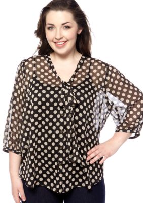 Eyeshadow Plus Size Pleated Back Polka Dot Bow Blouse