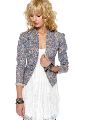 Free People Floral Printed Denim Blazer