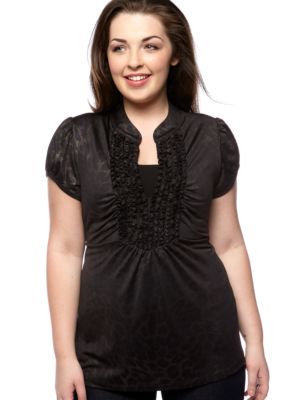 Free 2 Luv Plus Size Animal Print Ruffle Front Top