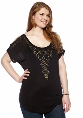 Free 2 Luv Plus Size Stud Front Cold Shoulder Top