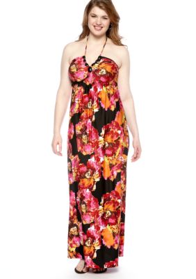 Free 2 Luv Plus Size Floral Print Maxi Dress with Jeweled Neckline
