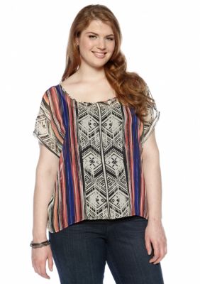 Free 2 Luv Plus Size Tribal Printed Top