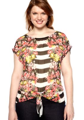 Free 2 Luv Plus Size Mix Print Tie Front Blouse