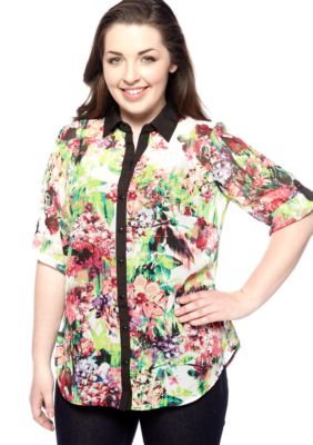 Free 2 Luv Plus Size Floral Print Utility Shirt
