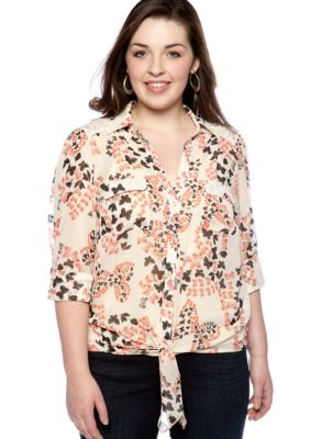 Free 2 Luv Plus Size Boyfriend Tie Front Blouse