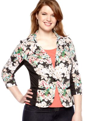 Free 2 Luv Plus Size Floral Colorblock Blazer