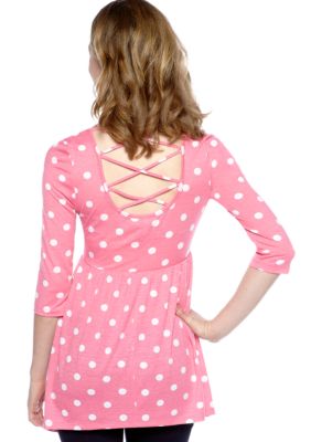 Belle Du Jour Three-Quarter Sleeve Back Polka Dot Babydoll Top