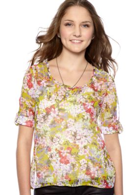 Belle Du Jour Printed Woven Button Back Top
