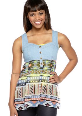 Dolled Up Chambray Trim Baby Doll Top