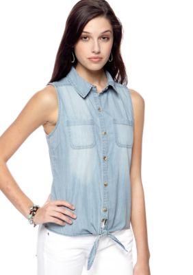 Dolled Up Sleeveless Tie Front Jean Shirt
