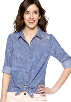 Dolled Up Lace Trim Tie Front Dot Denim Shirt