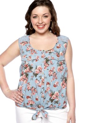 Dolled Up Plus Size Lace Back Floral Chambray Shirt