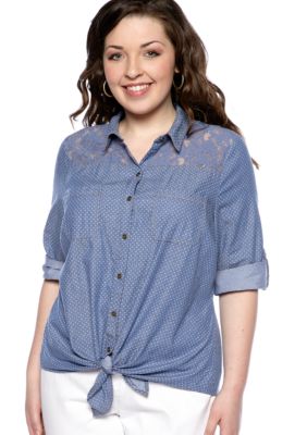 Dolled Up Plus Size Dot Front Chambray Denim Shirt
