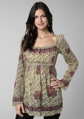 Lucky Brand Long-Sleeve Printed Tunic with Smocking