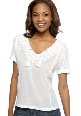 Lucky Brand Embroidered Amrosio Tassel Top