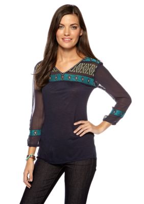 Lucky Brand Maybelle Embroidered Top with Sheer Detail