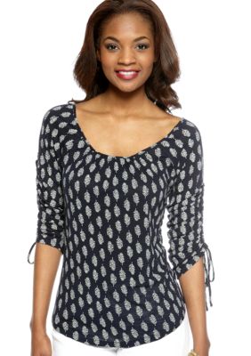 Lucky Brand Feather Print Tie Sleeve Top