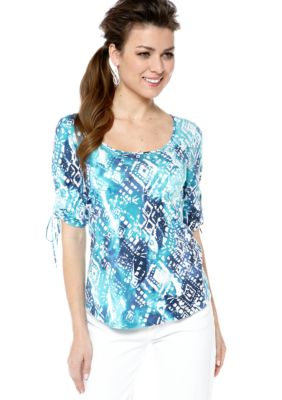 Lucky Brand Watercolor Printed Top with Rouched Sleeves