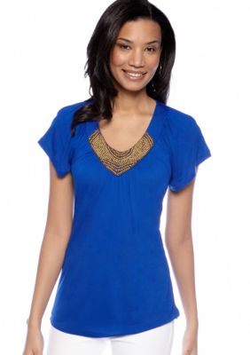 Cable and Gauge Embellished Neck Flutter Sleeve Top
