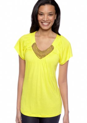 Cable and Gauge Embellished Neck Flutter Sleeve Top