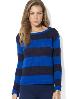 Lauren Ralph Lauren Long-Sleeved Jersey Striped Boatneck Button-Shoulder Sweater