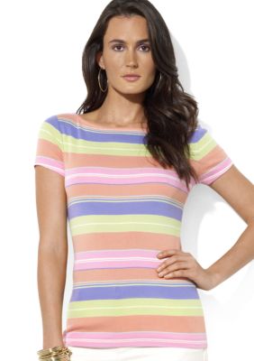 Lauren Ralph Lauren Cap-Sleeved Cotton Striped Boatneck Tee
