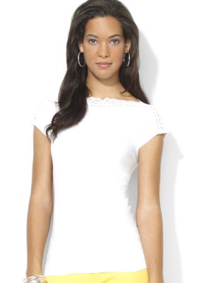 Lauren Ralph Lauren Short-Sleeved Cotton Jersey Crochet-Trimmed Top