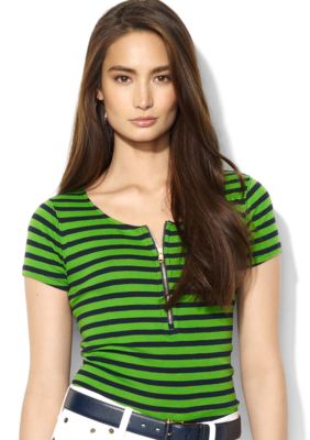 Lauren Ralph Lauren Short-Sleeved Striped Cotton Half-Zip Scoopneck Shirt