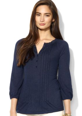 Lauren Ralph Lauren Three-Quarter-Sleeved Pintucked Cotton-Modal Peasant Blouse