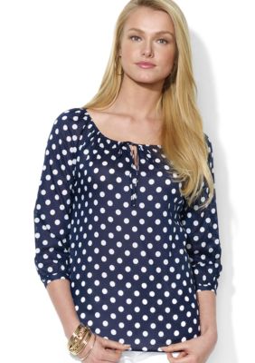 Lauren Ralph Lauren Three-Quarter-Sleeved Polka-Dot Keyhole Top