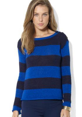 Lauren Ralph Lauren Petite Long-Sleeved Jersey Striped Boatneck Button-Shoulder Sweater