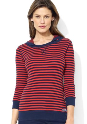 Lauren Ralph Lauren Petite Three-Quarter-Sleeved Striped Waffle-Knit Cotton Hoodie