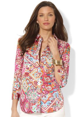 Lauren Ralph Lauren Petite Three-Quarter-Sleeved Printed Button Down Shirt