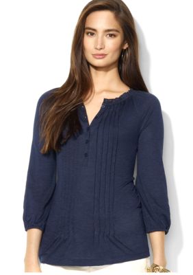 Lauren Ralph Lauren Petite Three-Quarter-Sleeved Pintucked Cotton-Modal Peasant Blouse
