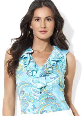 Lauren Ralph Lauren Petite Sleeveless Paisley Tissue Cotton Ruffle V-Neck Top