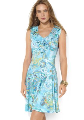 Lauren Ralph Lauren Petite Ruffled-Neck Pleated Paisley Dress