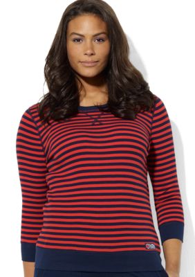 Lauren Ralph Lauren Plus Size Three-Quarter-Sleeved Striped Waffle-Knit Cotton Hoodie