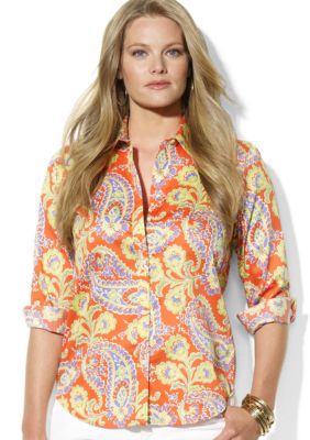 Lauren Ralph Lauren Plus Size Three-Quarter-Sleeved Floral Cotton Voile Shirt