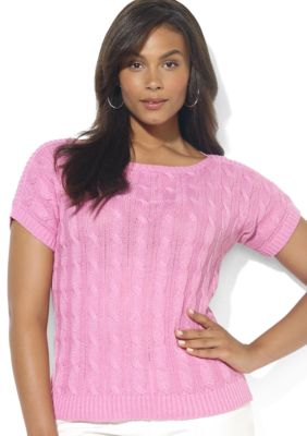 Lauren Ralph Lauren Plus Size Short-Sleeved Cotton-Linen Cable-Knit Boatneck Sweater