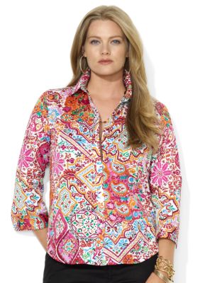 Lauren Ralph Lauren Plus Size Three-Quarter-Sleeved Printed Button Down Shirt