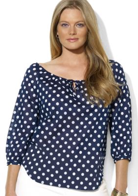 Lauren Ralph Lauren Plus Size Three-Quarter-Sleeved Polka-Dot Keyhole Top