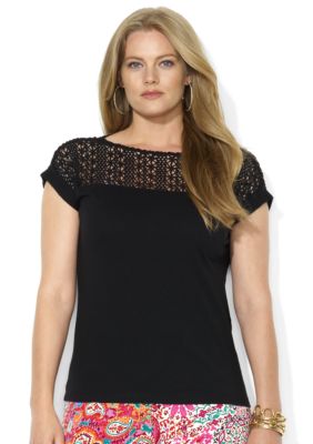 Lauren Ralph Lauren Plus Size Lace-Yoke Cotton Tee