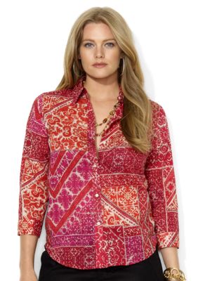Lauren Ralph Lauren Plus Size Three-Quarter-Sleeved Printed Cotton Voile Shirt