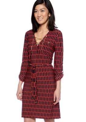 MICHAEL Michael Kors Printed Chain Lace Up Dress with Self Tie Belt