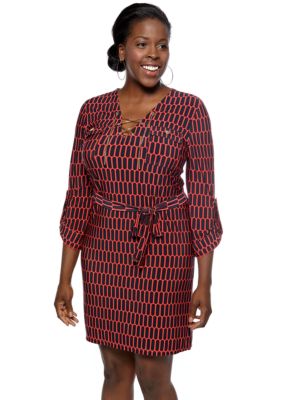 Michael Kors Plus Size Chain Lace Up Roll Sleeve Tie Waist Dress