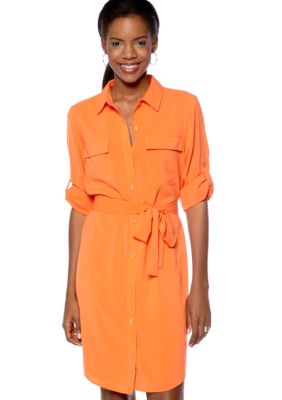 Calvin Klein Shirt Dress with Roll Tab Sleeves and Self Belt