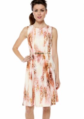 Calvin Klein Printed Flare Dress with Belt