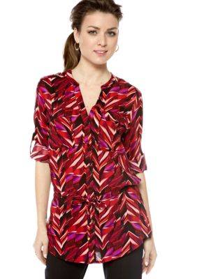Calvin Klein Drawstring Button Down Tunic Top with Roll Tab Sleeves