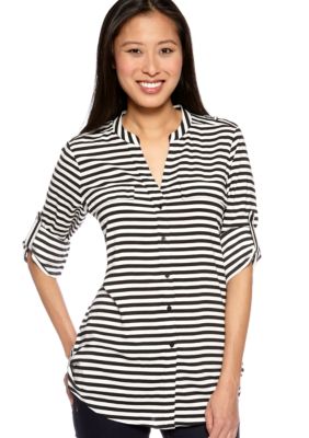 Calvin Klein Stripe Crew Neck Roll Sleeve Blouse