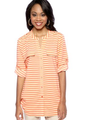 Calvin Klein Stripe Crew Neck Roll Sleeve Blouse